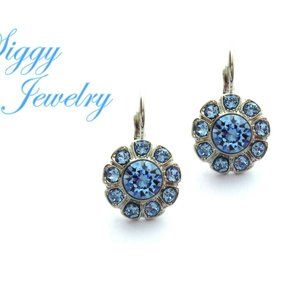 Light Sapphire Flower Cluster Drop Earrings, Made with Genuine Austrian Crystals